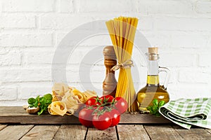 Tasty Fresh Colorful Italian Food Raw Spaghetti on Kitchen Table