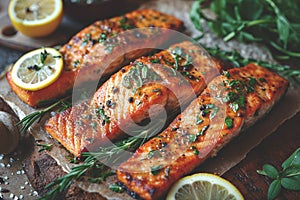 Tasty and fresh cooked salmon fish fillet with lemon and rosemary