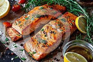 Tasty and fresh cooked salmon fish fillet with lemon and rosemary