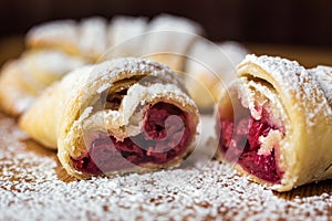tasty fresh croissants with cherries sprinkled with powdered sugar.Delicious continental breakfast with fresh flaky