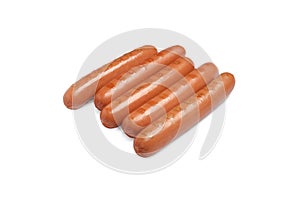 Tasty fresh grilled sausages on white background. Ingredients for hot dogs