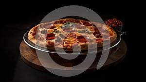 Tasty of Fresh Pepperoni Cheese Pizza on Wooden Plate