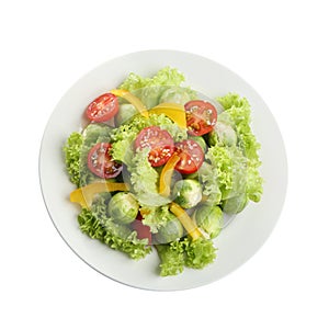 Tasty fresh salad with Brussels sprouts isolated, top view