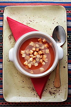 Tasty fresh tomato soup with croutons in white ceramic bowl with