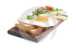 Tasty fried egg with bread, tomato and sprouts isolated