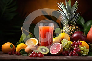 Tasty fruits and juice with vitamins on background Generative AI