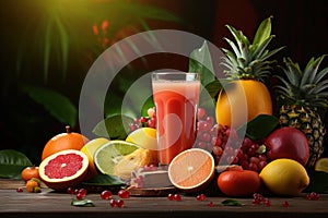 Tasty fruits and juice with vitamins on background Generative AI