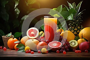 Tasty fruits and juice with vitamins on background Generative AI