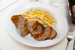Tasty frying pork escalope served at plate with french fries