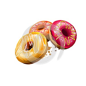 Tasty glazed donuts, doughnuts isolated on white background. Sweet dessert. Street food, take-away, take-out. Fast food