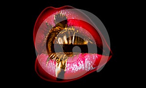 Tasty golden lips. Shiny sexy mouth. Expensive makeup, rich life. Mouth icon on black background. Lips full shape