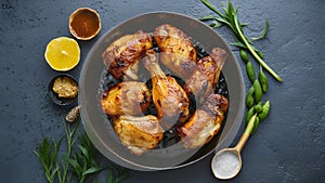 Tasty Grilled Chicken Wings Top View on Gray Background