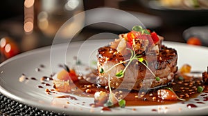 Tasty grilled fish fillet with sauce on plate, closeup.