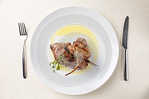 Tasty grilled lamb with herbs on a white plate