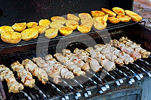 Tasty grilled meat with potatoes and meat kebabs