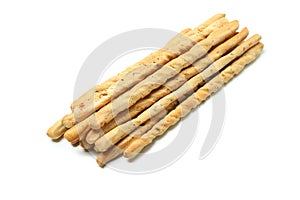 Tasty grissini breadsticks isolated on white background