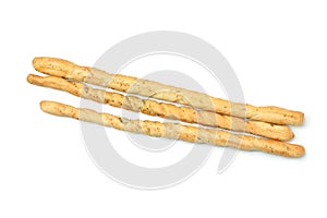 Tasty grissini breadsticks isolated on white background