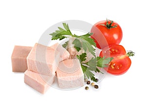 Tasty ham with cherry tomatoes, parsley and pepper isolated