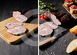 Tasty ham sliced ham on cutting board and with cherry tomatoes, parsley, salt, knife and baguette on wooden grey table