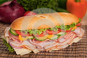 Tasty ham & turkey submarine sandwich