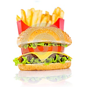 Tasty hamburger and french fries