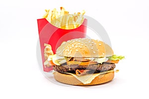 Tasty hamburger, French fries and cola isolated on white background.