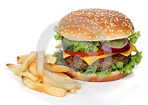 Tasty hamburger and french fries isolated