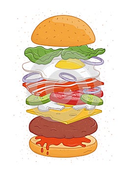 Tasty hamburger with layers or ingredients isolated on white background - buns, fried egg, vegetables, cheese, mushrooms