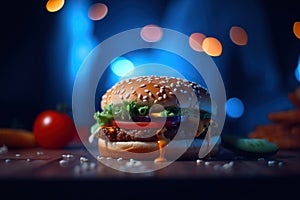 Tasty hamburger on a table with blue background, ai generative illustration