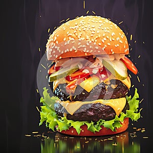 Tasty handmade burger showcased attractively on dark backdrop banner