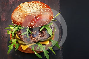 Tasty handmade burger showcased attractively on dark backdrop banner