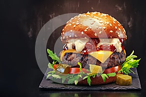 Tasty handmade burger showcased attractively on dark backdrop banner