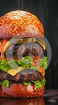 Tasty handmade burger showcased attractively on dark backdrop banner