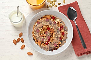 Tasty healthy breakfast served on white table, flat lay