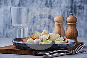 Tasty and healthy lunch with glass water