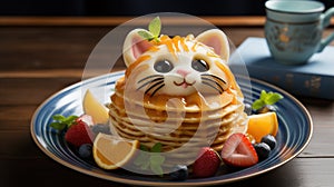 Tasty heap of pancakes with honey topping and glazing kitty head decoration