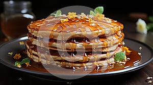 Tasty heap of pancakes with honey topping and some decorative serving