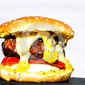 Tasty home made cheeseburger. Cheese burger with pickles, tomatoes, onion, melting cheese