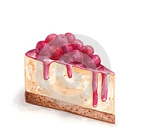 Tasty homemade cherry pie on white background, watercolor illustration