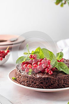 Tasty homemade chocolate cake brownie decorated with red currant berries and mint on white marble table close up, text