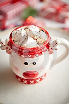 Tasty homemade christmas hot chocolate or cocoa with marshmellows