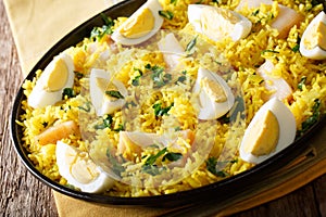 Tasty homemade Kedgeree with fish, boiled eggs, cilantro close-up on a plate. horizontal photo