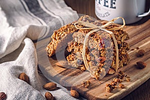 Tasty homemade oat flapjacks on a wooden board