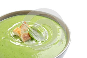 Tasty homemade zucchini cream soup isolated, closeup