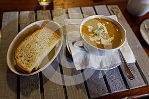 Tasty, hot butternut soup and bread in a restaurant near Worcester, South Africa