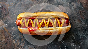Tasty hot dog with mustard and ketchup on rustic background.