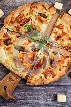 Tasty hot italian focaccia pizza with porcini mushroom