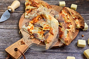 Tasty hot italian focaccia pizza with porcini mushroom