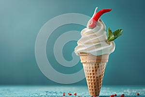 tasty ice cream cone with hot red chili pepper on blue background with copy space