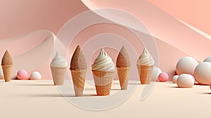 Tasty ice cream cones in the sand